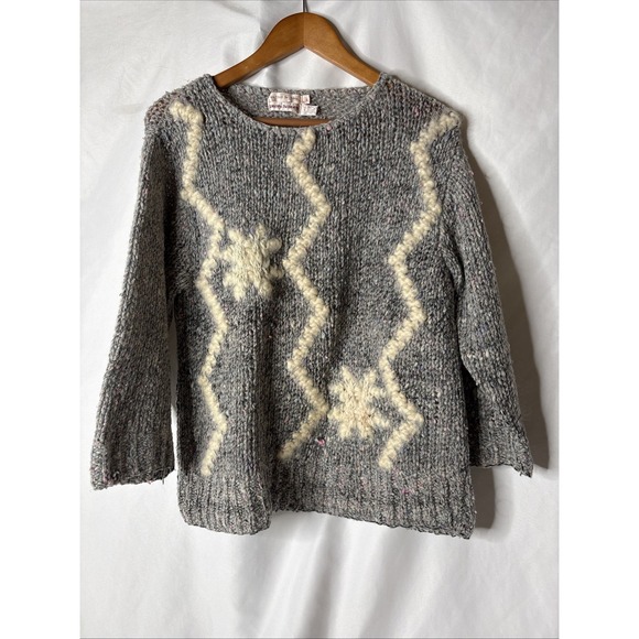 Lauren Hansen Sweaters - Vtg Lauren Hansen Women L Chunky Hand Knit Wool Sweater Gray 3/4 Sleeve